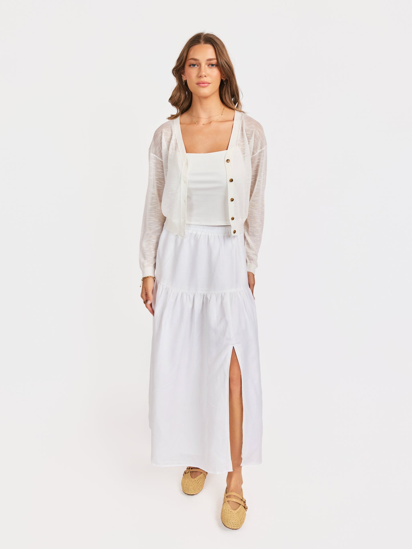 Evie Button Front Cardigan in White - front view