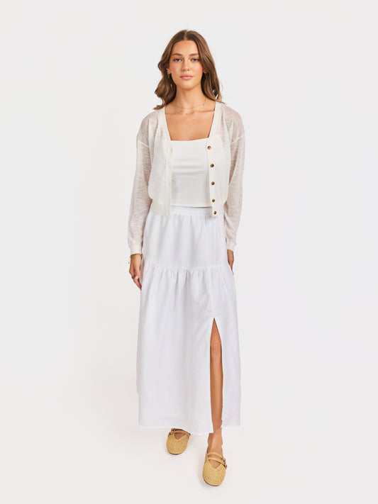 Evie Button Front Cardigan in White - front view