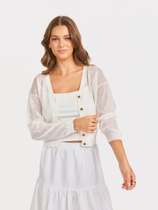 Evie Button Front Cardigan in White - front crop view