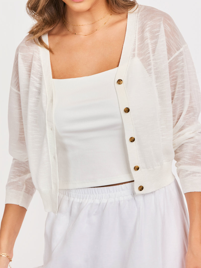 Evie Button Front Cardigan in White - detail view