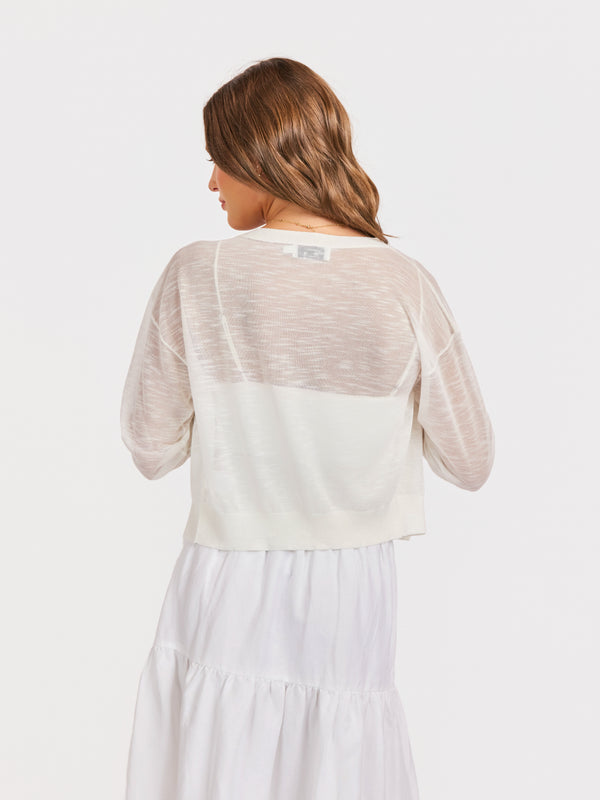 Evie Button Front Cardigan in White - back crop view