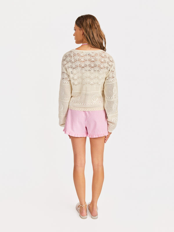 Sunny Open Crochet Pullover in Ivory - back view