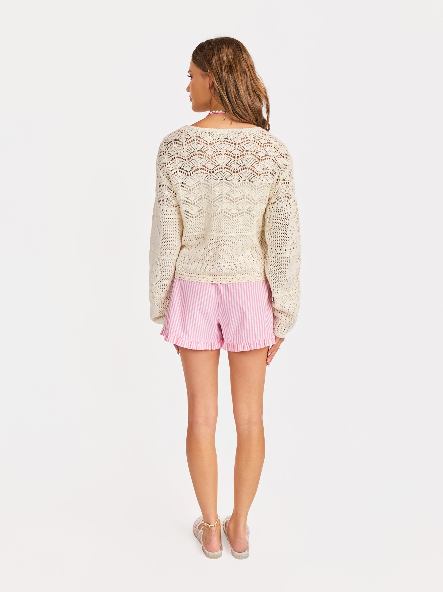 Sunny Open Crochet Pullover in Ivory - back view