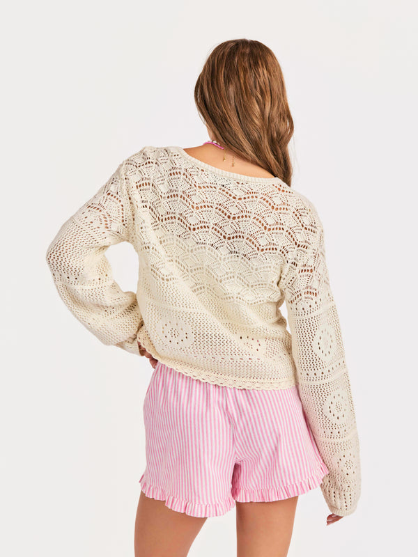 Sunny Open Crochet Pullover in Ivory - back crop view