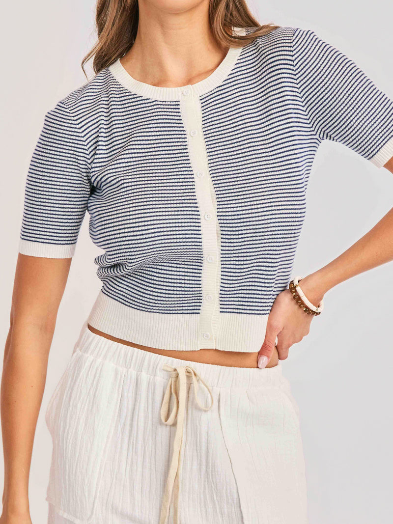 Mavi Stripe Cardigan in Ivory Navy - detail view