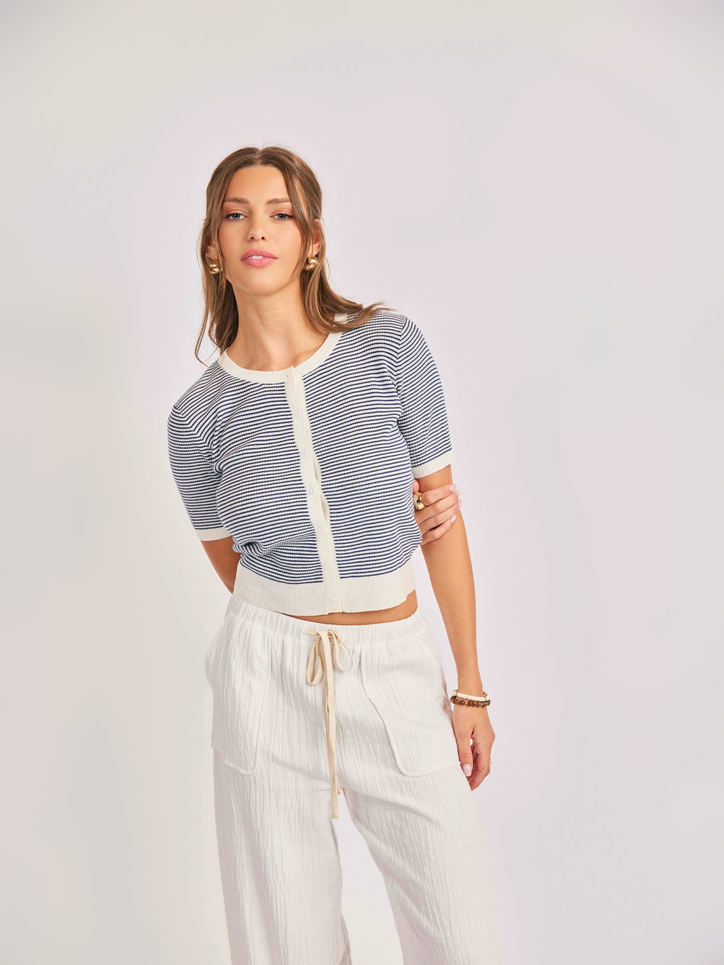 Mavi Stripe Cardigan in Ivory Navy - mood image