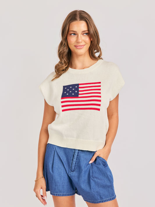 American Dream Flag Sweater in Ivory - front crop view