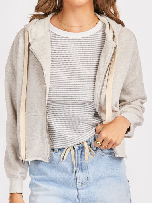 Nora Zip Front Hoodie in Heather Grey - front crop view