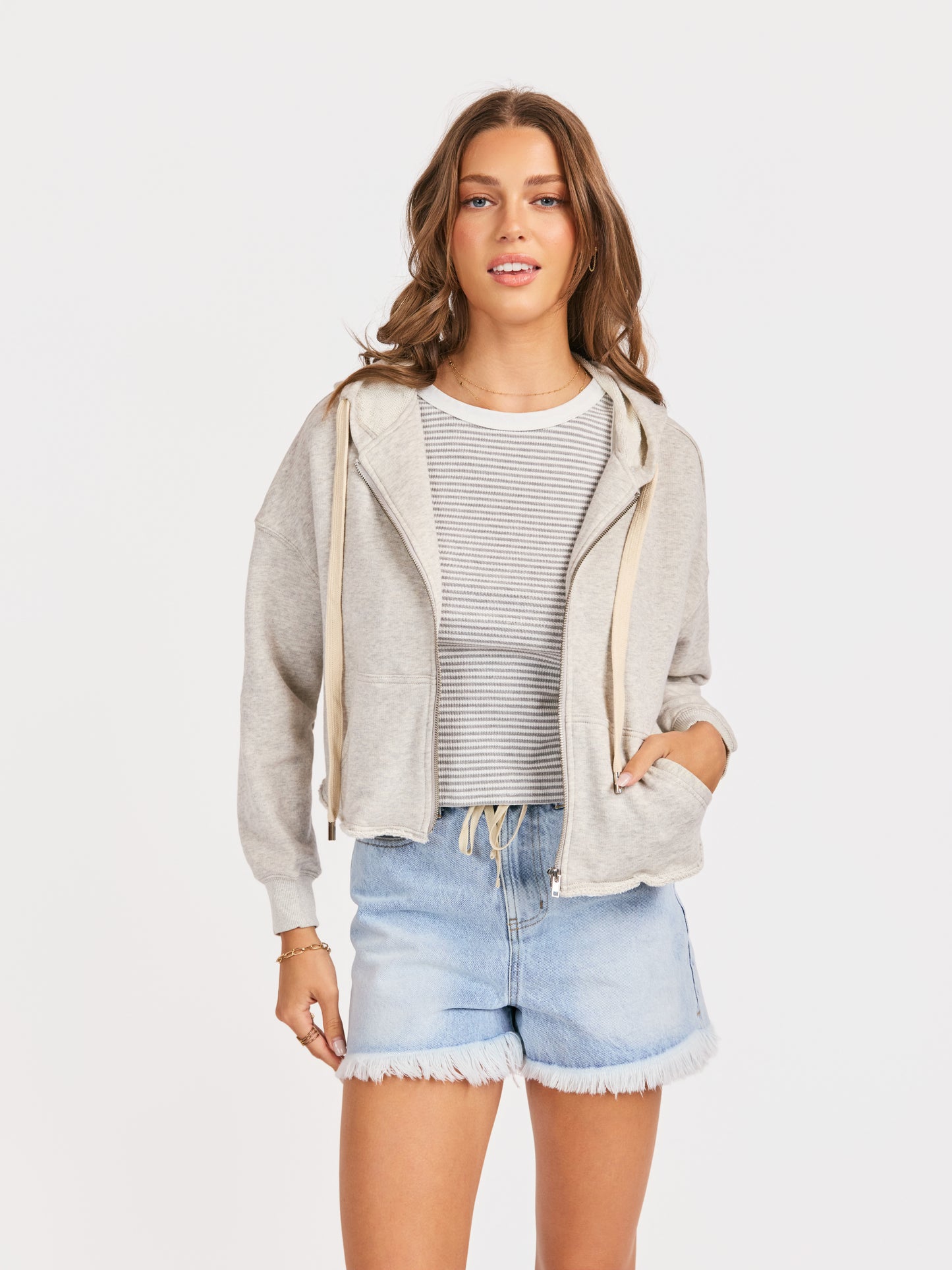 Nora Zip Front Hoodie in Heather Grey - detail view