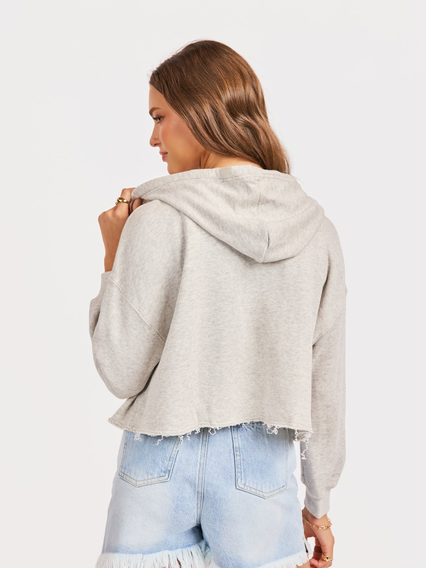 Nora Zip Front Hoodie in Heather Grey - back crop view