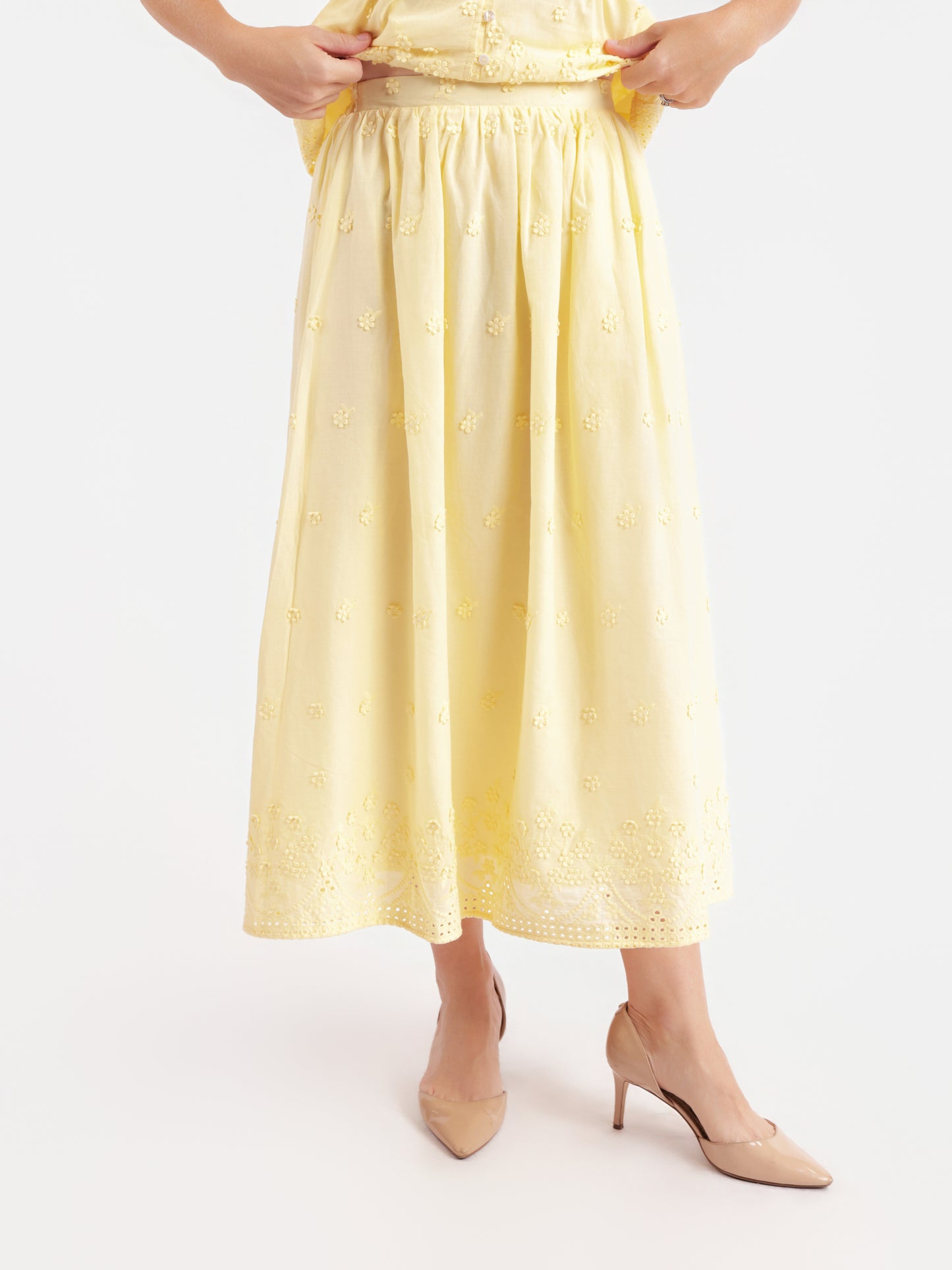Beachglass Embroidered Maxi Skirt in Yellow - front crop view