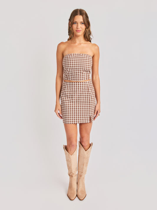 Mustang Gingham Mini Skirt in Brown - front view