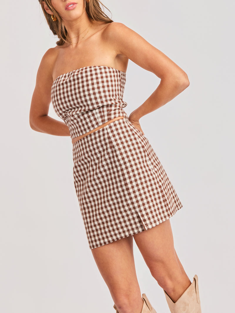 Mustang Gingham Mini Skirt in Brown - detail view