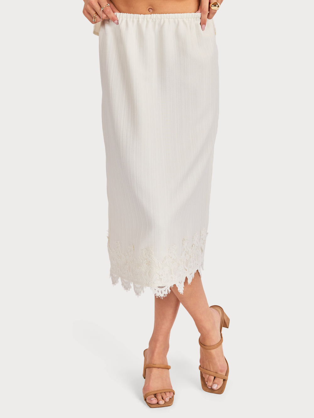Fawn Lace Hem Midi Skirt in Cream - front crop view