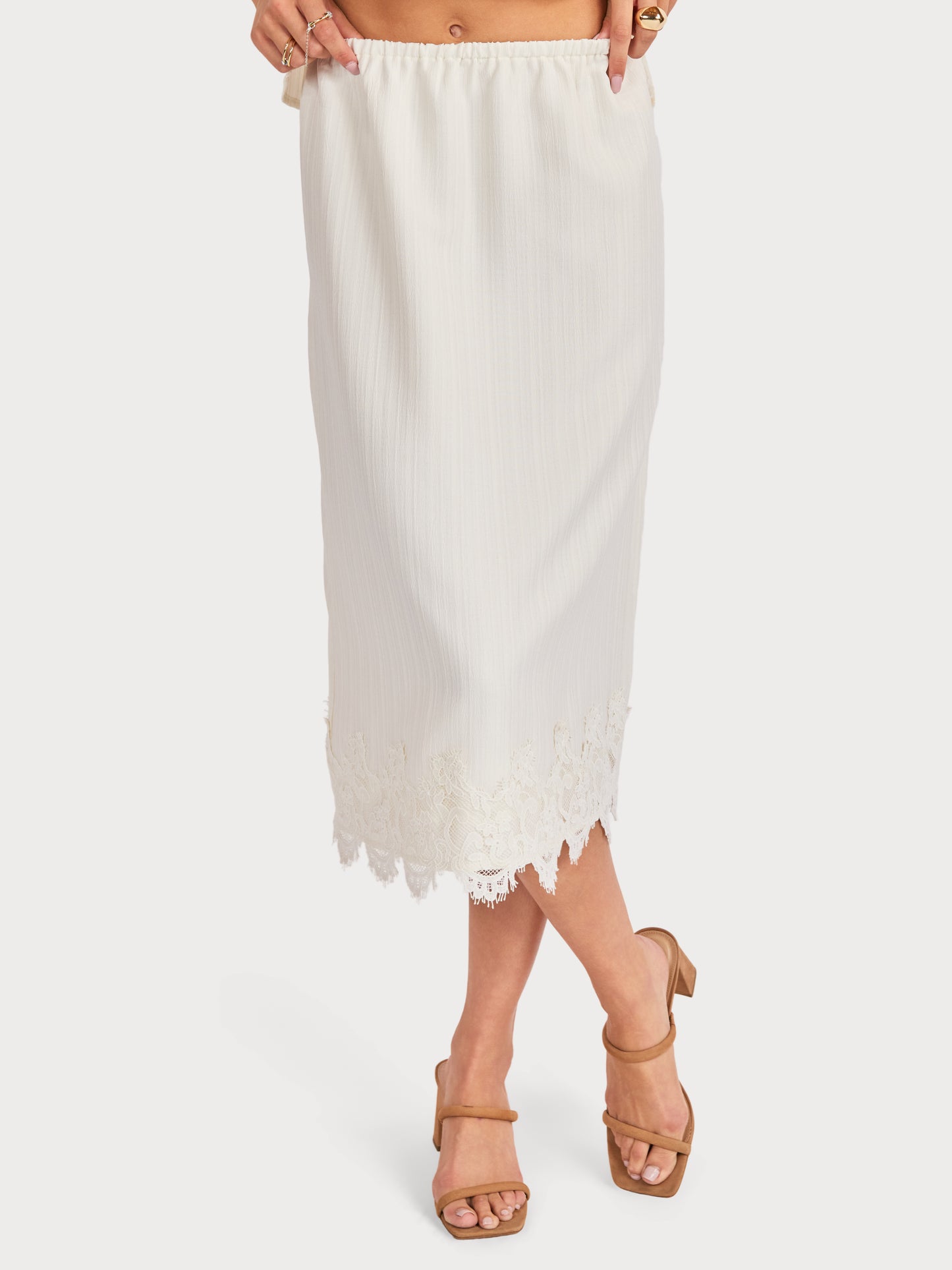 Fawn Lace Hem Midi Skirt in Cream - front crop view