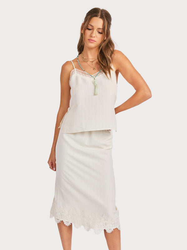 Fawn Lace Hem Midi Skirt in Cream - mood image