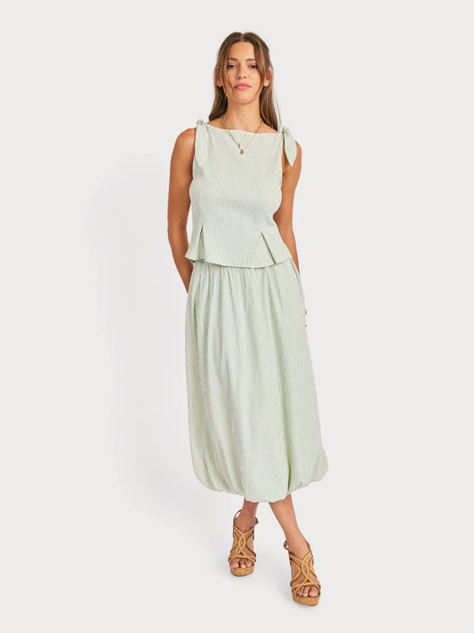 See Me Stripe Bubble Midi Skirt in Sage Cream - front view