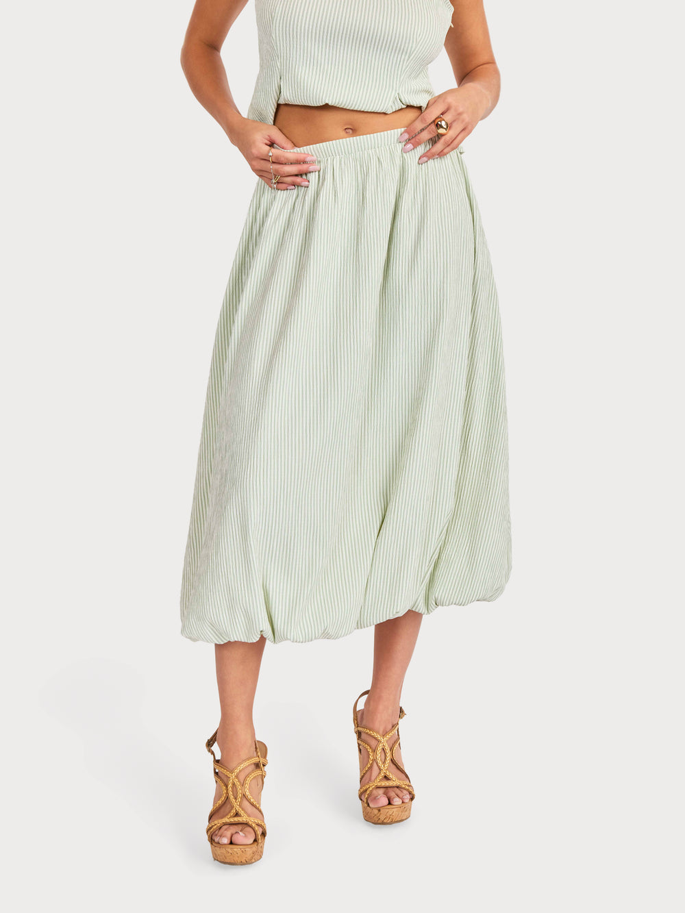 See Me Stripe Bubble Midi Skirt in Sage Cream - front crop view
