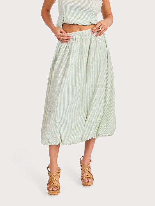 See Me Stripe Bubble Midi Skirt in Sage Cream - front crop view