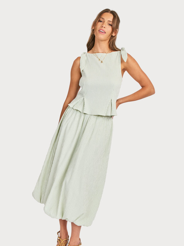 See Me Stripe Bubble Midi Skirt in Sage Cream - mood image