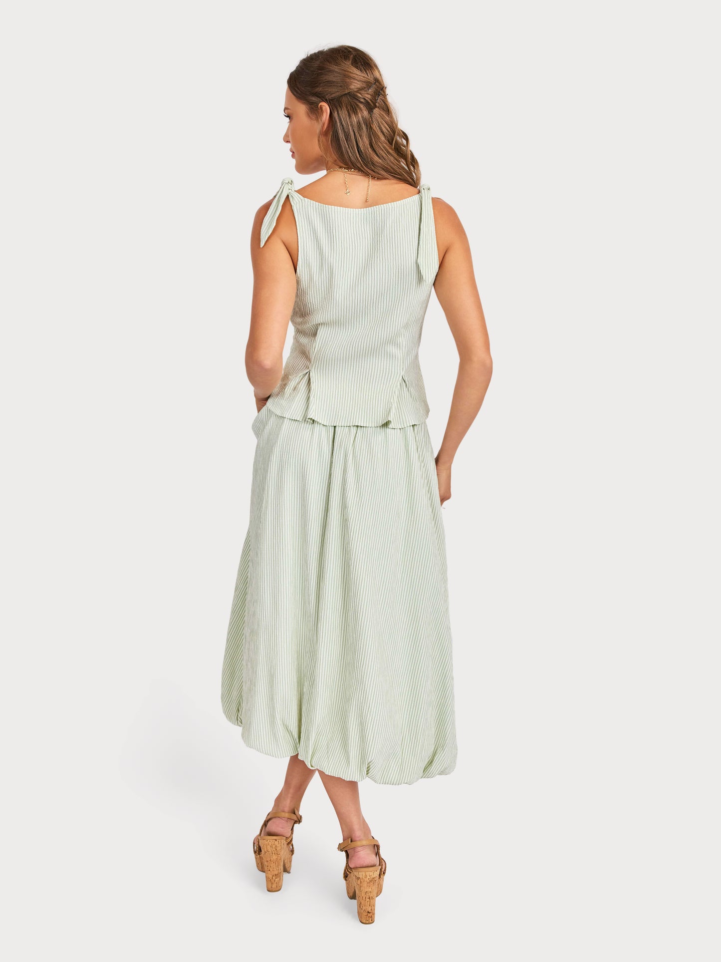 See Me Stripe Bubble Midi Skirt in Sage Cream - back view