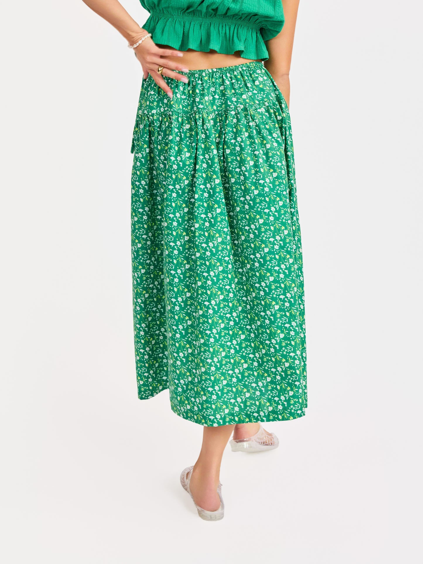 Sun Escape Midi Skirt in Kelly Green Multi - back crop view