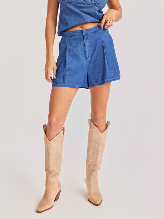 Rango Pleated Shorts in Dark Chambray - front crop view