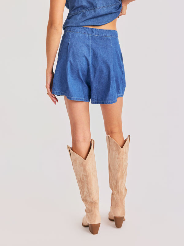 Rango Pleated Shorts in Dark Chambray - back crop view