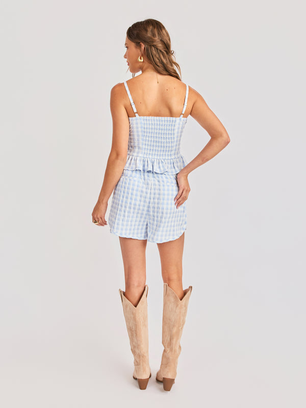 Starlet Gingham Shorts in Sky Blue - back view