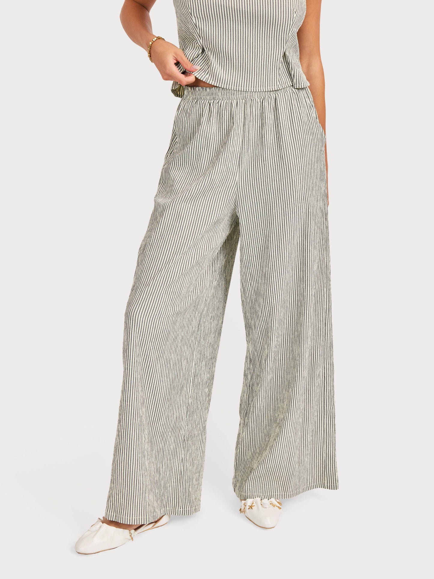 See Me Stripe Pants in Black Cream - front crop view