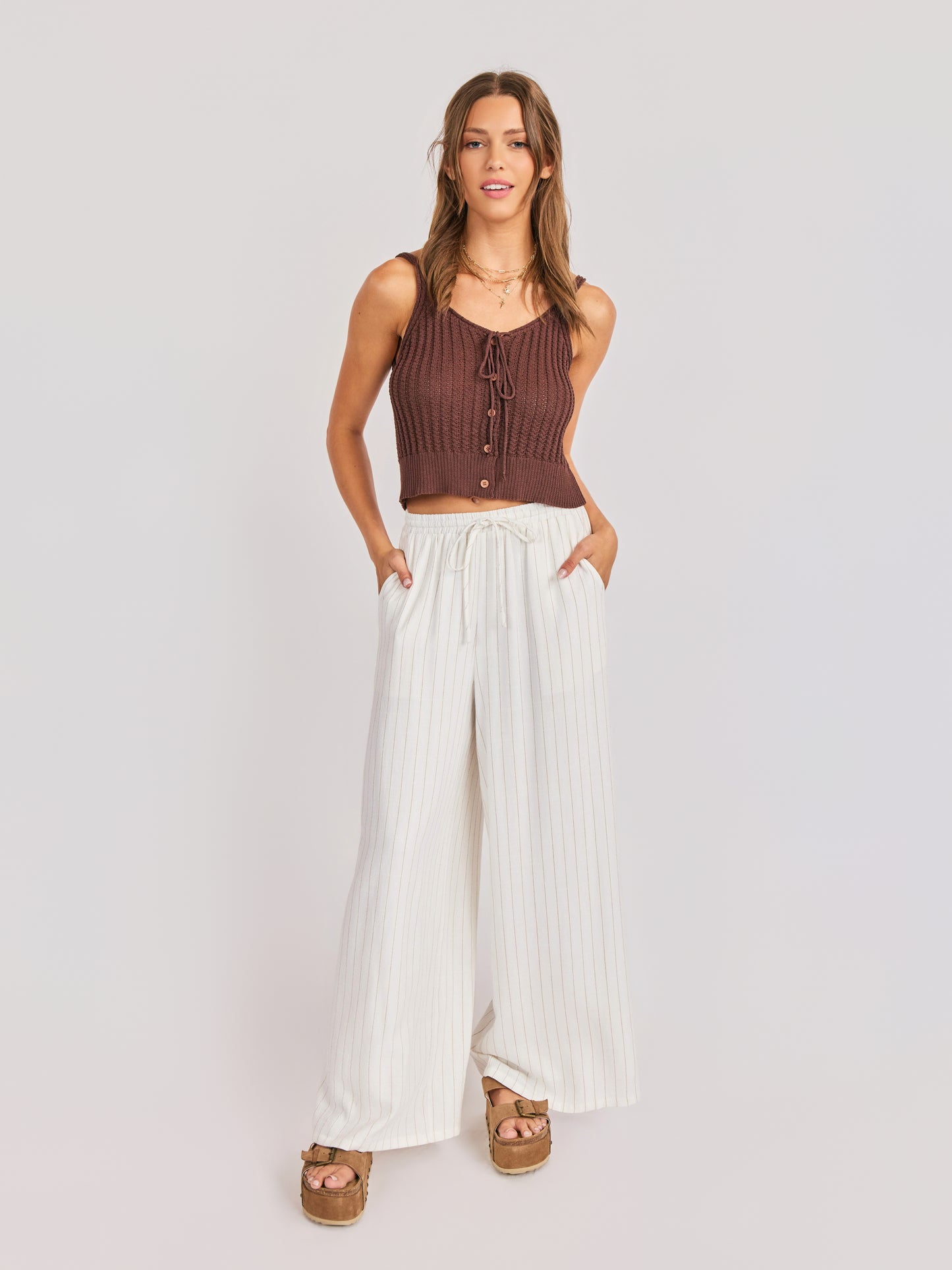 Sugarloaf Stripe Pants in White Brown - front view