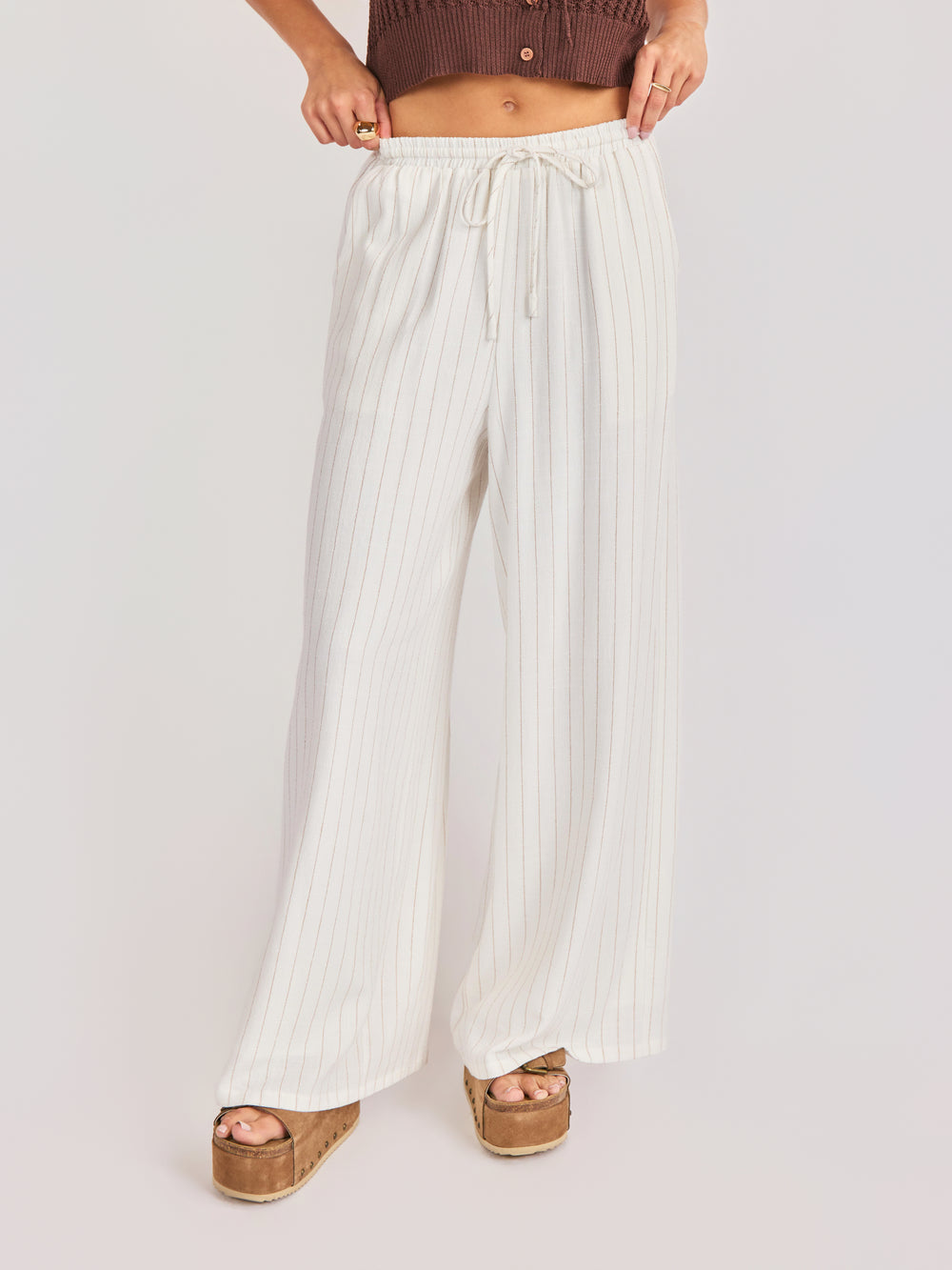 Sugarloaf Stripe Pants in White Brown - front crop view
