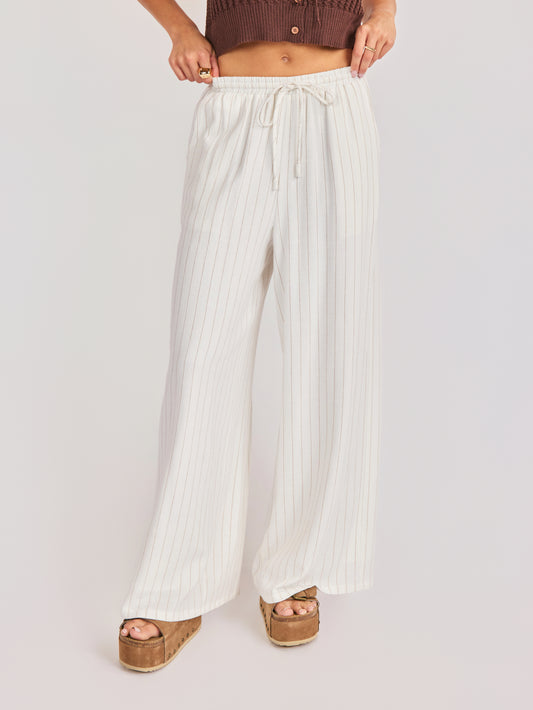 Sugarloaf Stripe Pants in White Brown - front crop view