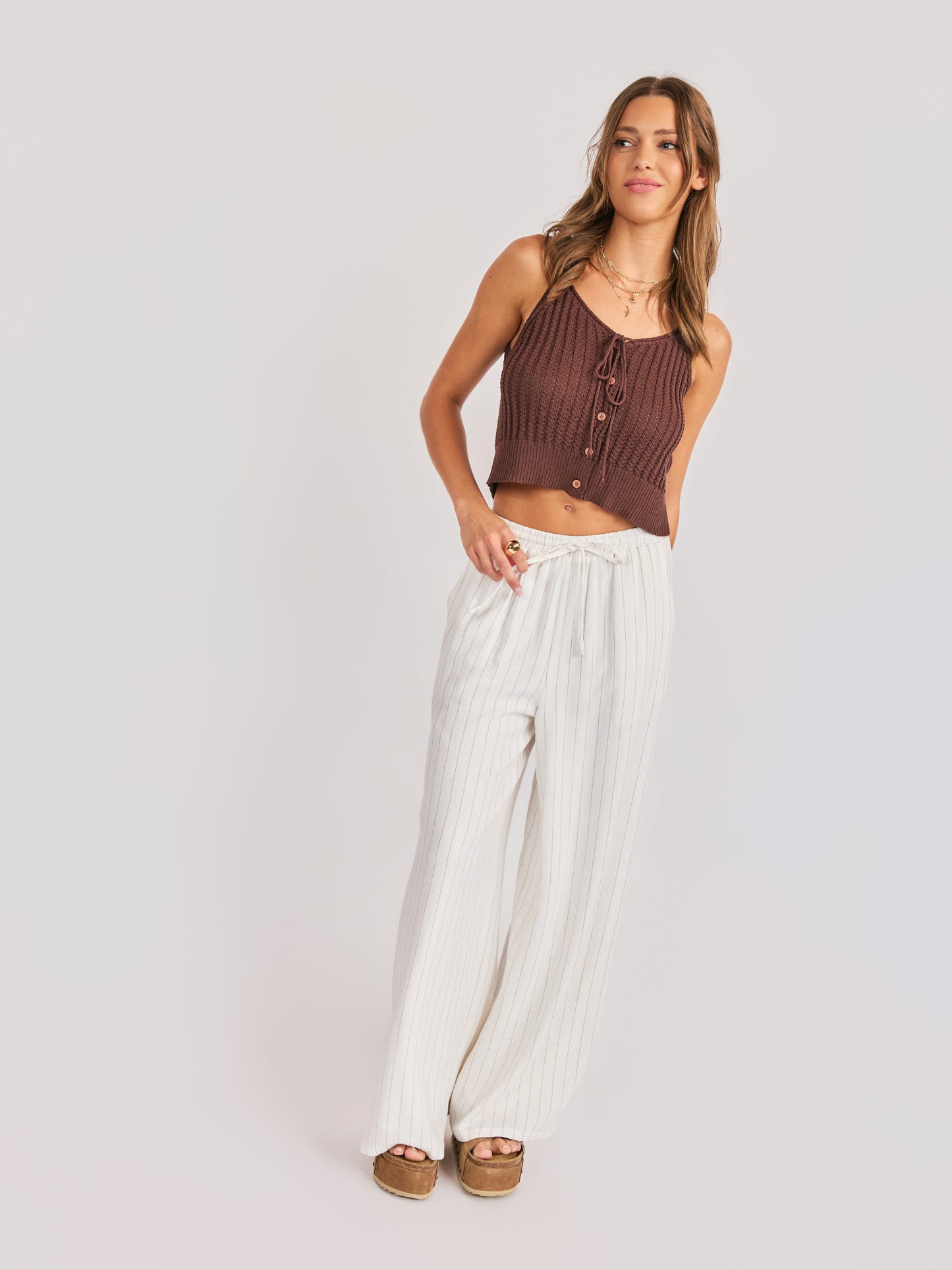 Sugarloaf Stripe Pants in White Brown - mood image