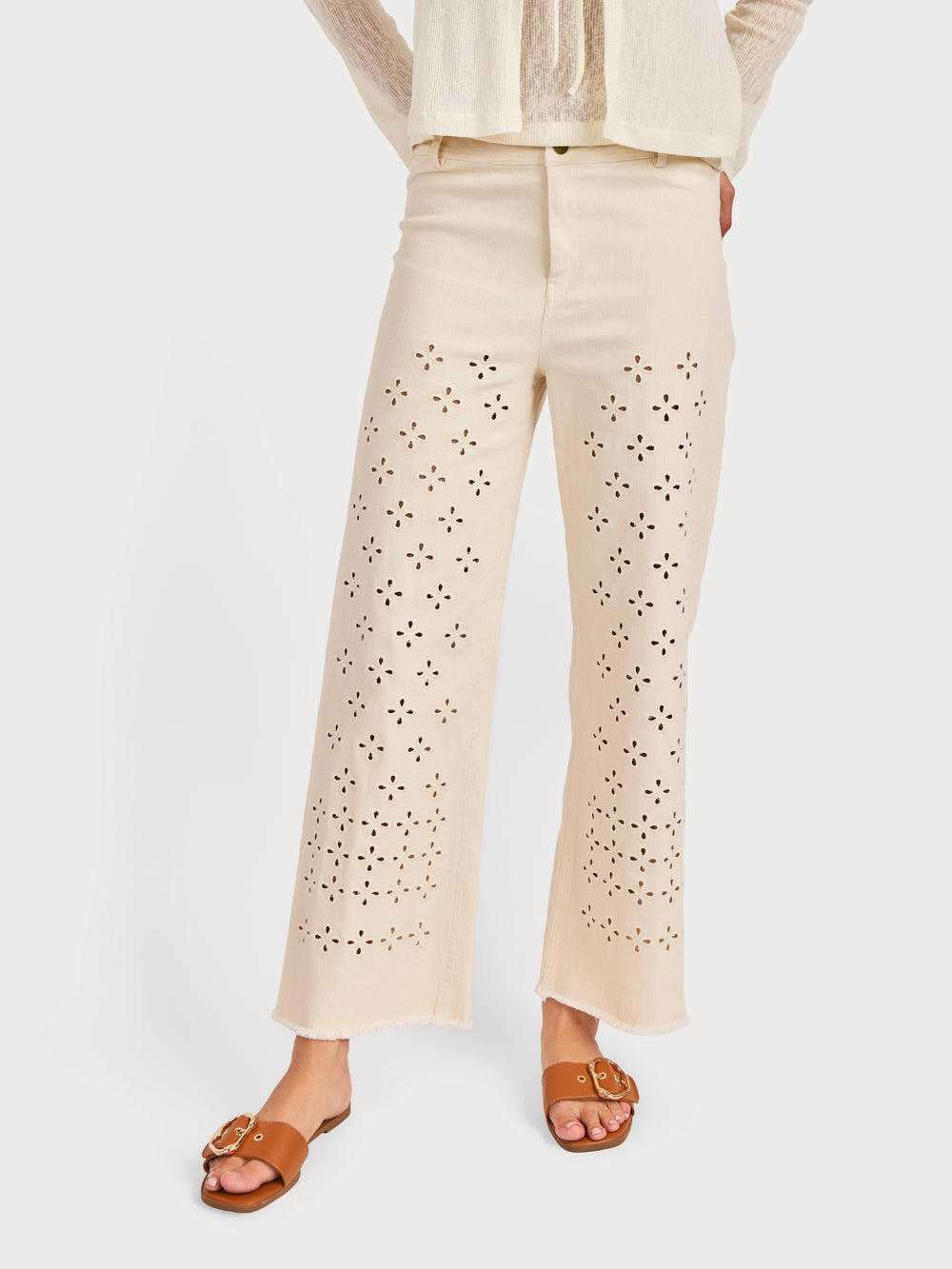 Clear Eyes Eyelet Pants in Cream - front crop view