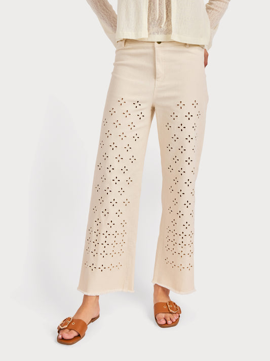 Clear Eyes Eyelet Pants in Cream - front crop view