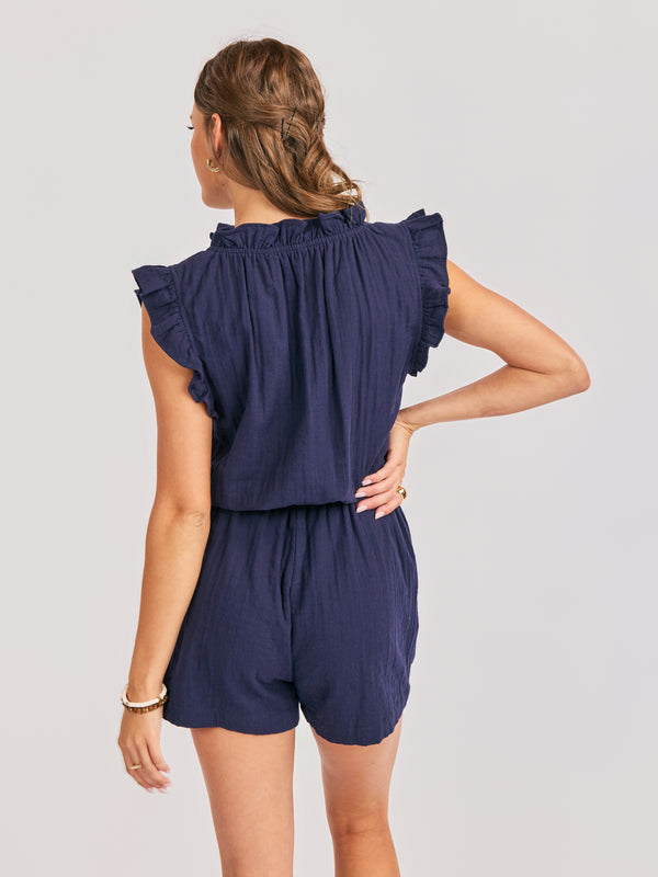 Lilah Ruffle Sleeve Romper in Navy - back crop view