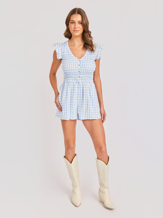 Starlet Gingham Romper in Sky Blue - front view