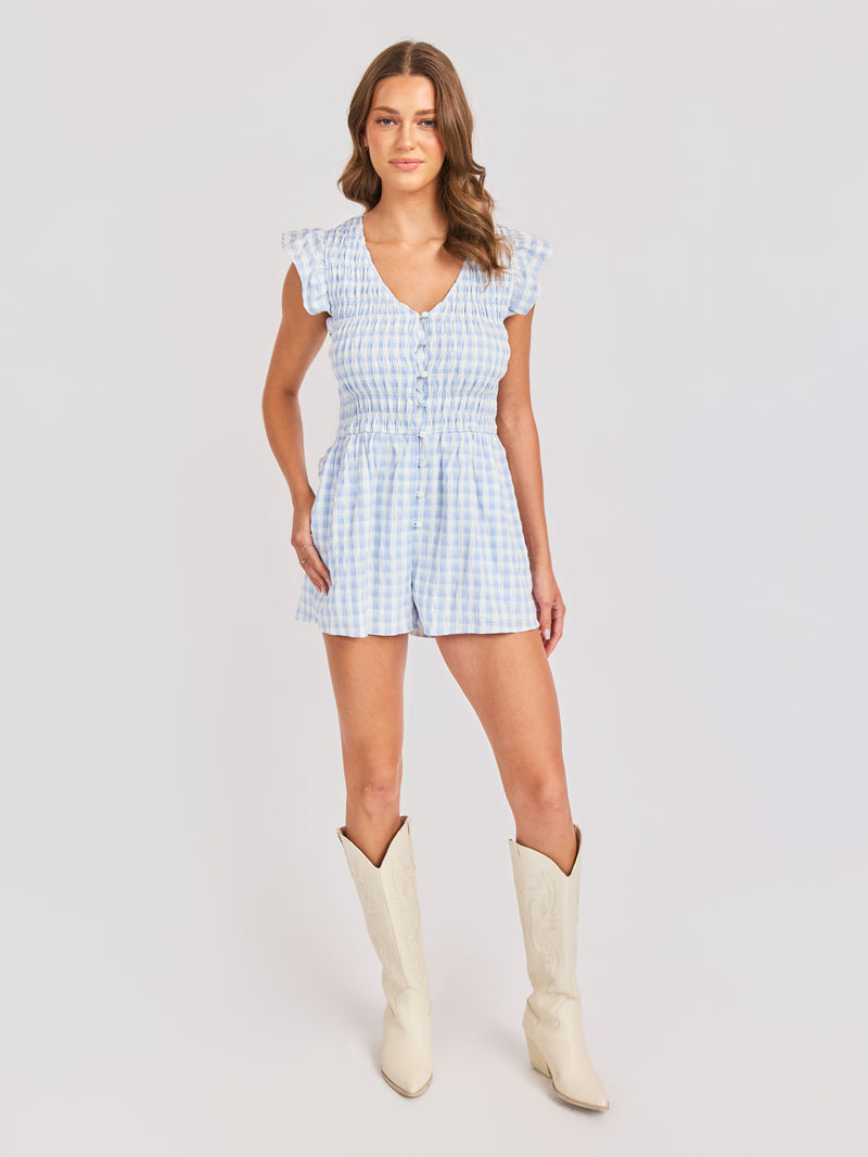 Starlet Gingham Romper in Sky Blue - front view