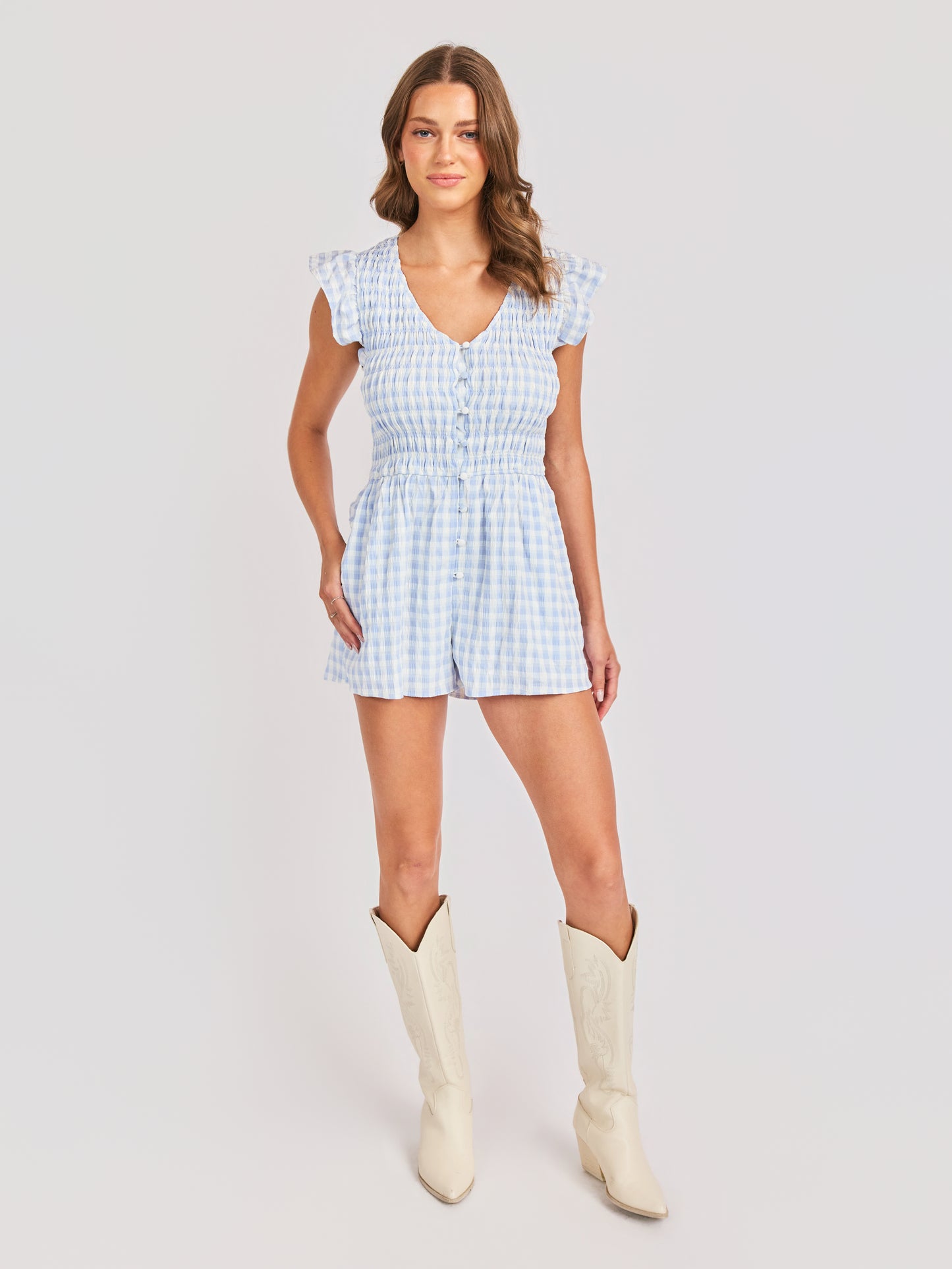 Starlet Gingham Romper in Sky Blue - front view