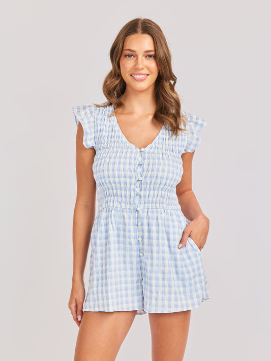 Starlet Gingham Romper in Sky Blue - front crop view