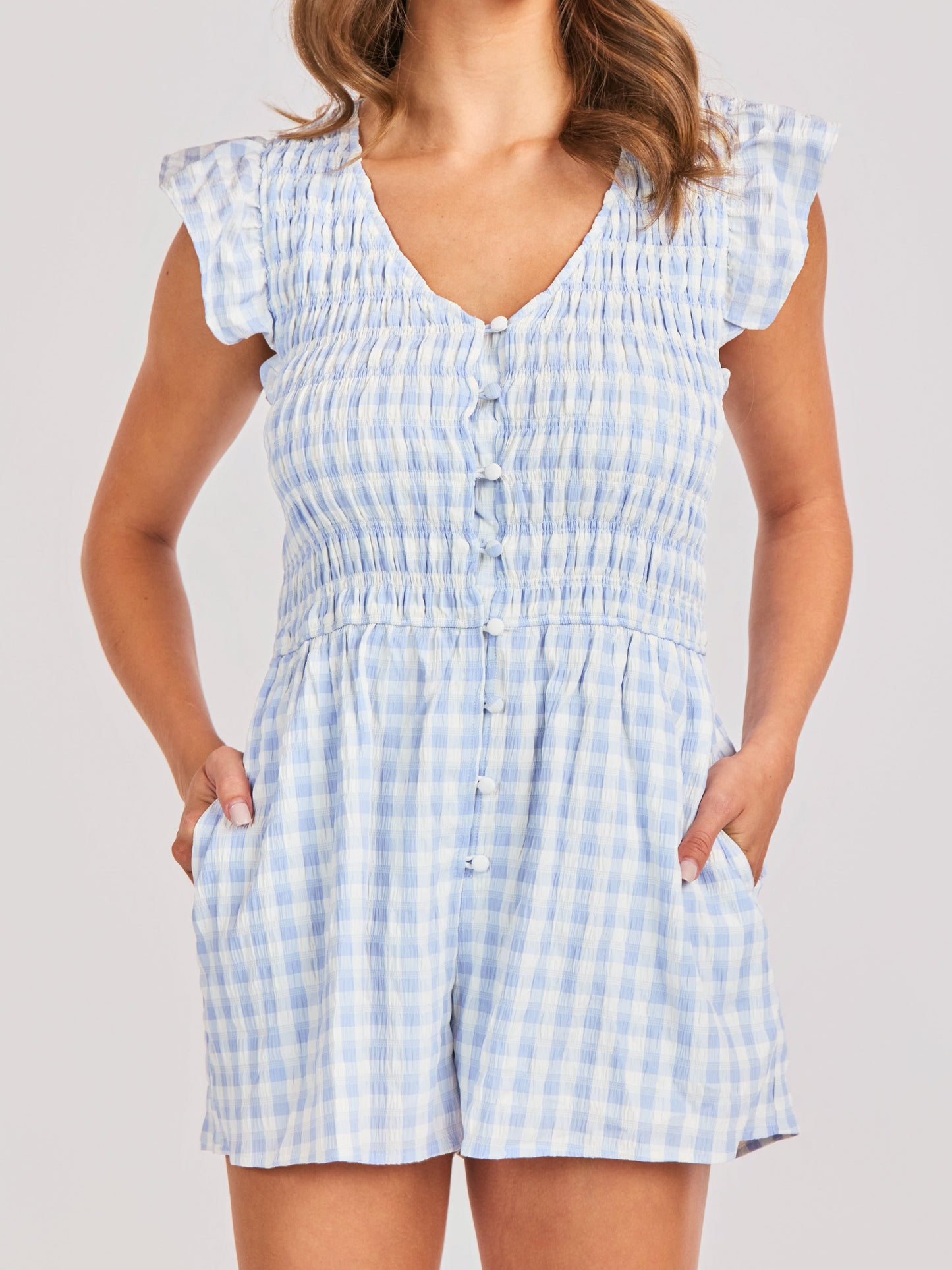 Starlet Gingham Romper in Sky Blue - detail view