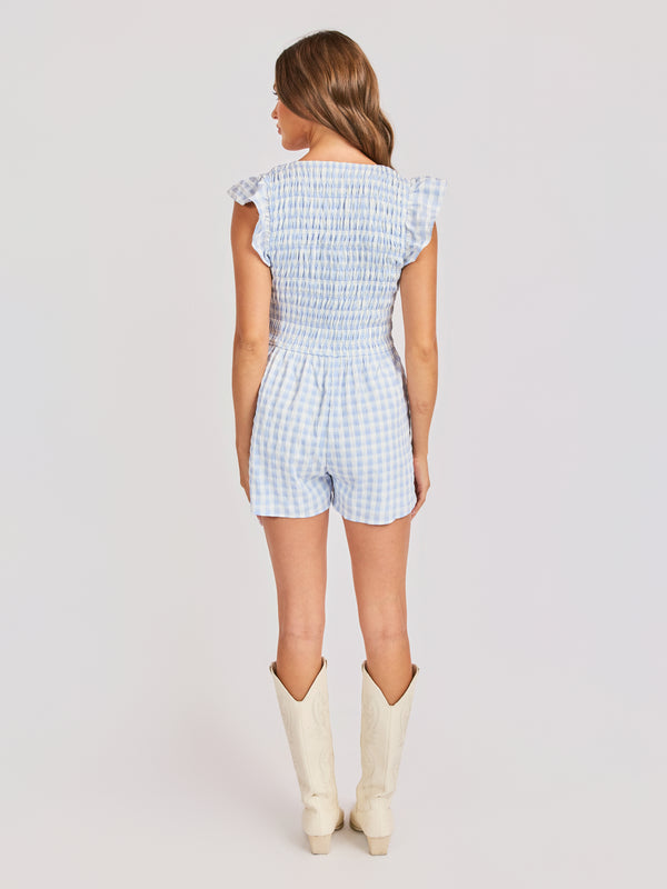 Starlet Gingham Romper in Sky Blue - back view