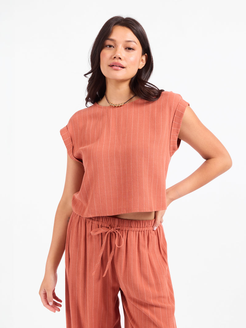 Sugarloaf Stripe Cuffed Top in Mahogany White - front crop view