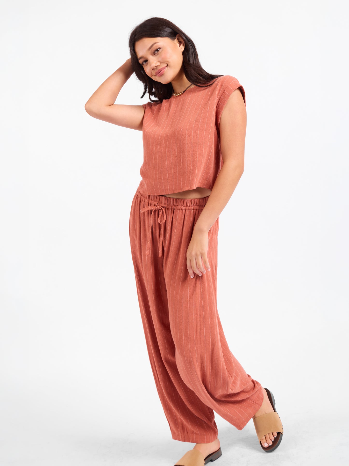 Sugarloaf Stripe Cuffed Top in Mahogany White - mood image