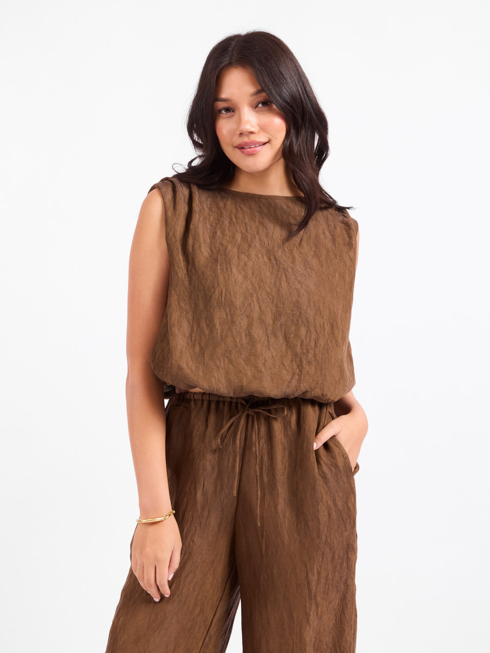 Sepia Sky Bubble Top in Bronze Olive - front crop view
