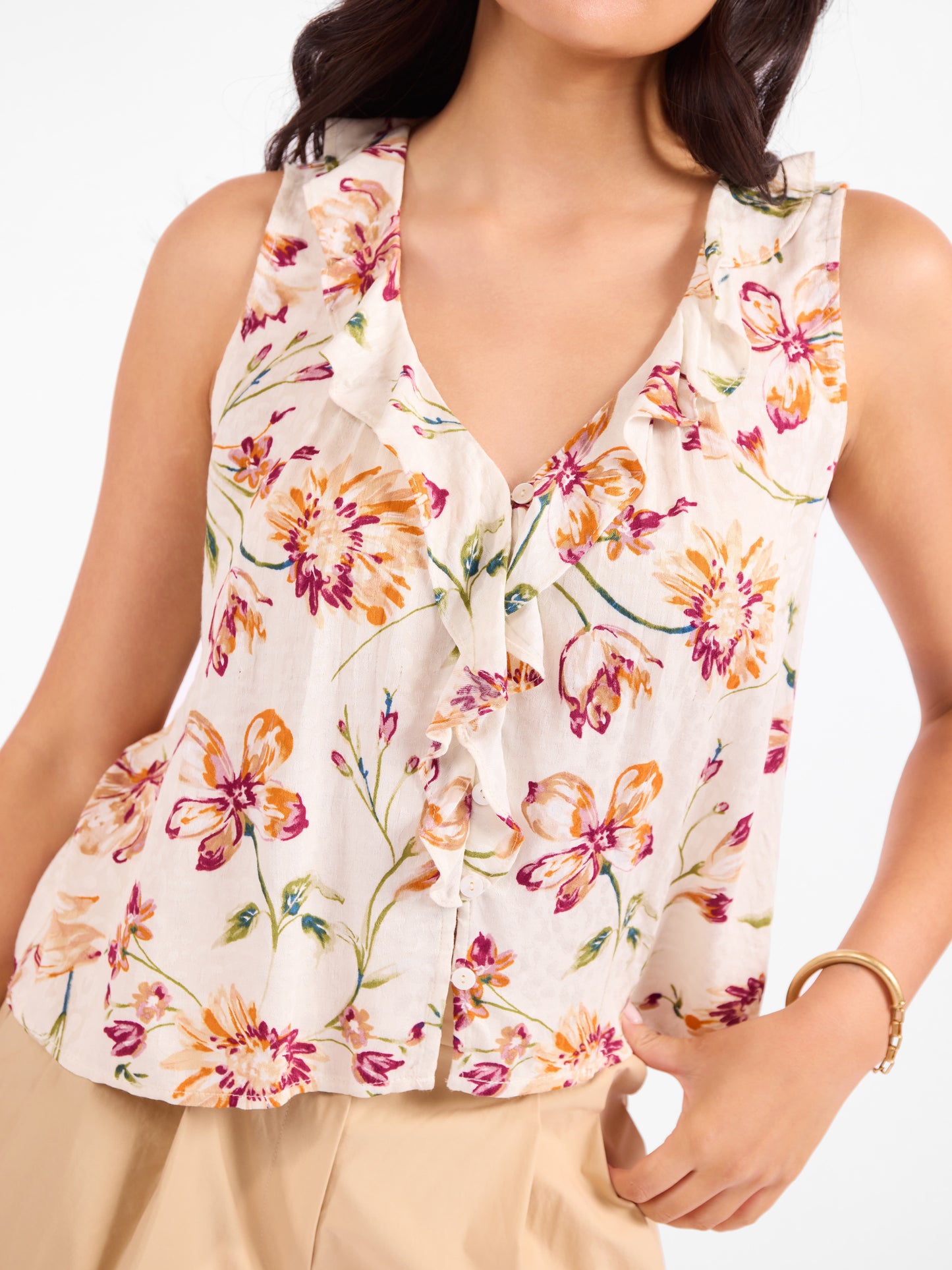 Earth Song Top in Ivory Multi - detail view