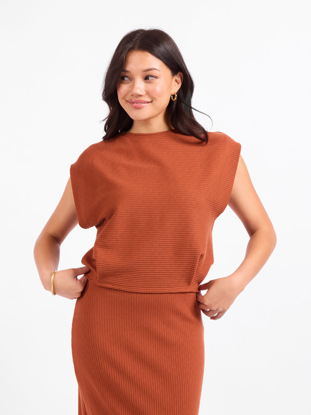 Soft Cedar Tapered Knit Top in Rust - front crop view
