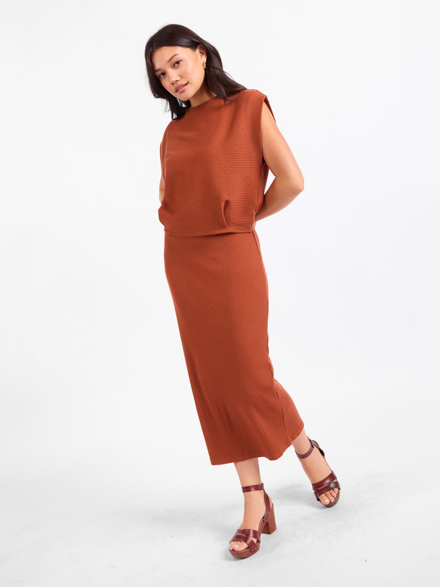 Soft Cedar Tapered Knit Top in Rust - mood image