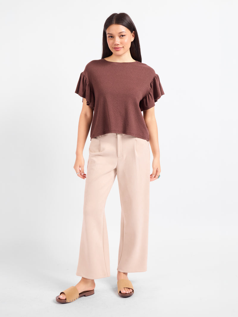 Delphine Ruffle Sleeve Top in Brown - front view